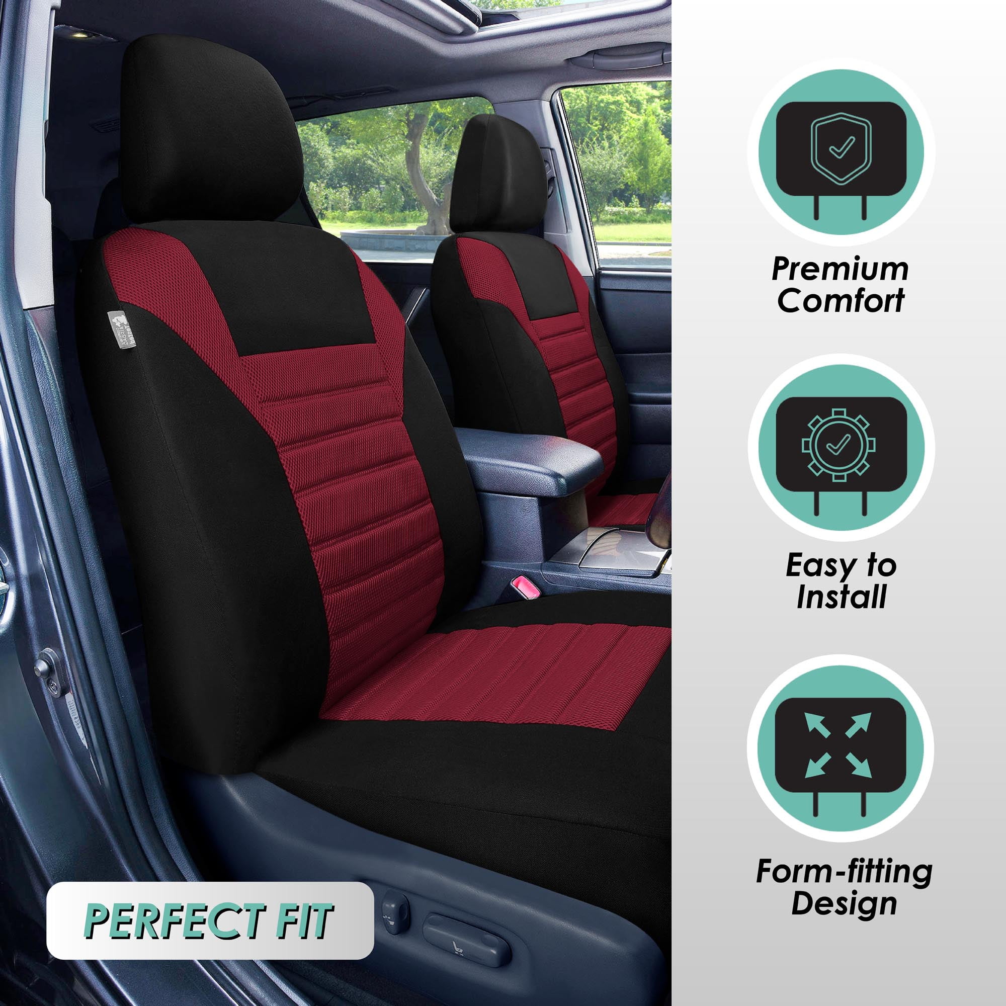 FH Group Car Seat Covers Premium 3D Air Mesh w/ Removable Headrest, Universal Fit Airbag Compatible for SUV, Sedan, Van Burgundy - Front Set