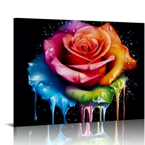 PRATYUS Colorful Rose Wall Art Abstract Graffiti Rainbow Flower Canvas Prints Pictures Decor Modern Watercolor Black Background Painting Artwork for Living Room Bathroom Bedroom Home Decor 20x16in