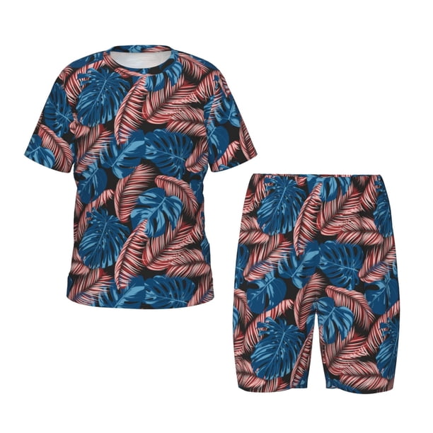 Balery Tropical Leaves Conjunto de Pijama Infantil de Manga Corta con Estampado – Ropa de Dormir de Algodón Suave-Large