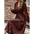 thumbnail image 2 of xiaxaixu Robe Longue pour Femmes, Élégante Robe à Manches Longues Col en V Florale Automne Décontractée pour Usage Quotidien Rue, 2 of 9