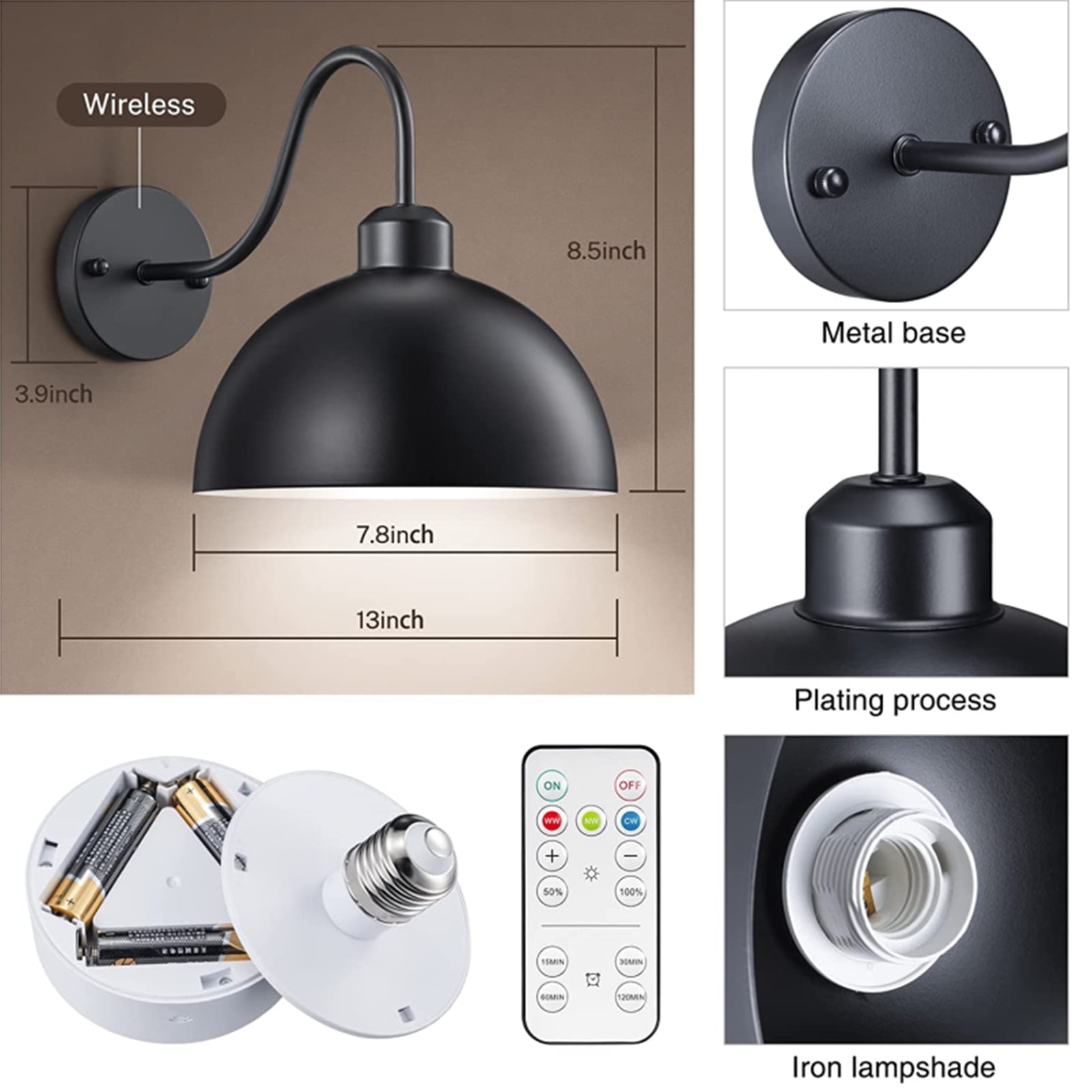 NookNova 2 Pack LED Battery Operated Wall Sconces with Remote Control, Dimmable Wireless Wall Lamp Wall Light Fixture, Industrial Black Metal Lampshade Wall Lighting for Bedroom, Living Room, Hallway