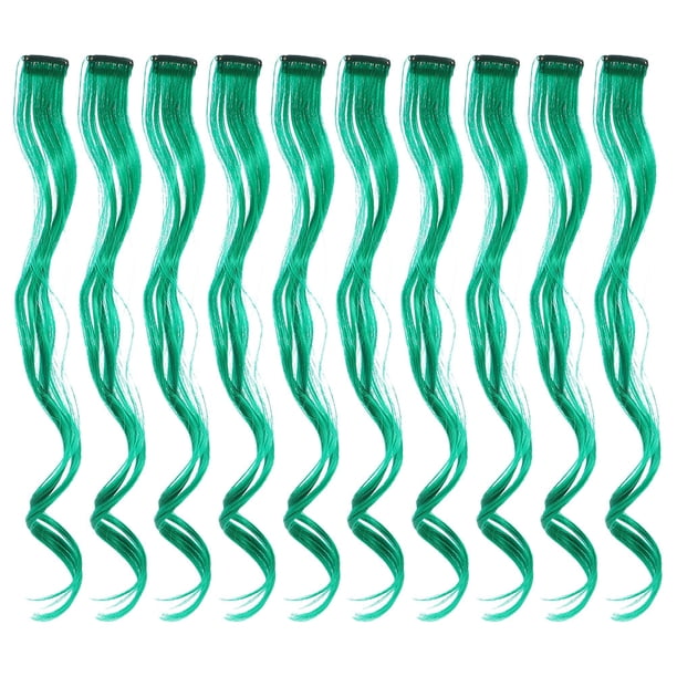 10 piezas Extensiones de cabello de color verde Postizo para mujer Extensiones de cabello decorativas Extensiones de cabello para niña con pinzas para el cabello (rizado)