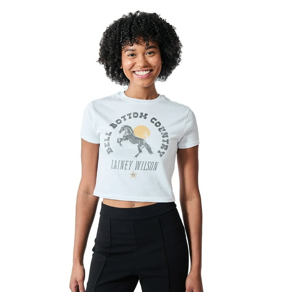 Lainey Wilson Bell Bottom Country Horse & Sun Women's White Crew Neck Short Sleeve Baby Tee-Medium