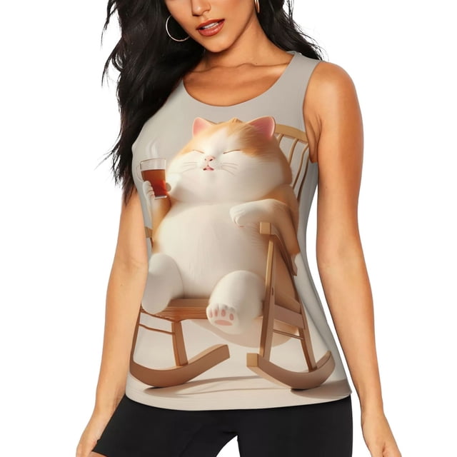 Fotbe Relaxing Cat With Tea Blusas Sin Mangas para Mujer – Estilo Casual, Corte Suelto, Slim-Fit, Cuello Redondo Deportivo, Tops de Verano para Gimnasio y Yoga-X-Large