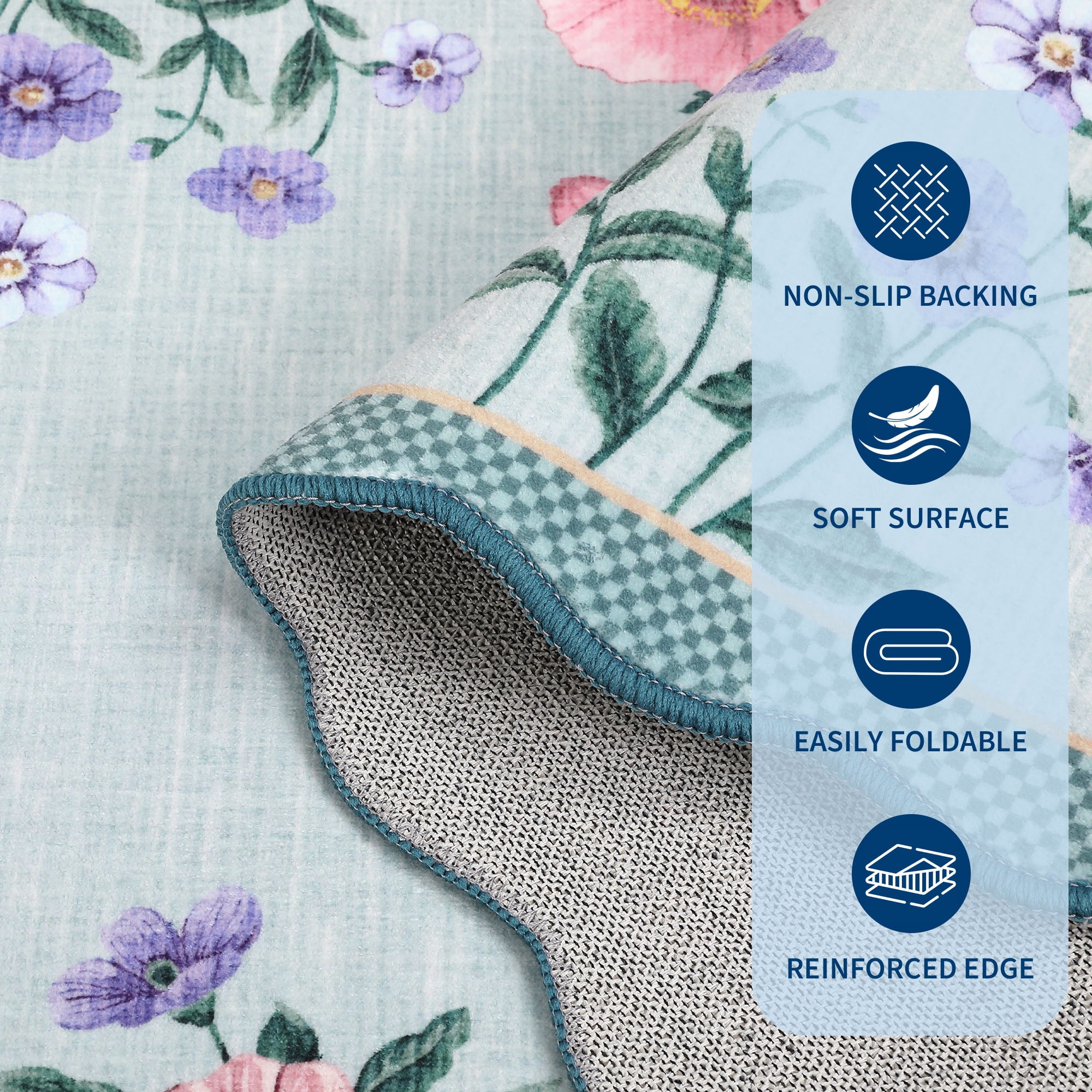 Hasoo Washable Living Room Area Rug 9x12 Large Modern Scalloped Floral Non-Slip Soft Foldable Indoor Light Blue Carpet