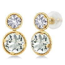 Gem Stone King 14K Yellow Gold Green Prasiolite and White Created Sapphire Earrings for Women (2.10 Cttw, Gemstone, Round Cut 6MM and 4MM)