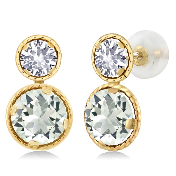 Gem Stone King 14K Yellow Gold Green Prasiolite and White Created Sapphire Earrings for Women (2.10 Cttw, Gemstone, Round Cut 6MM and 4MM)