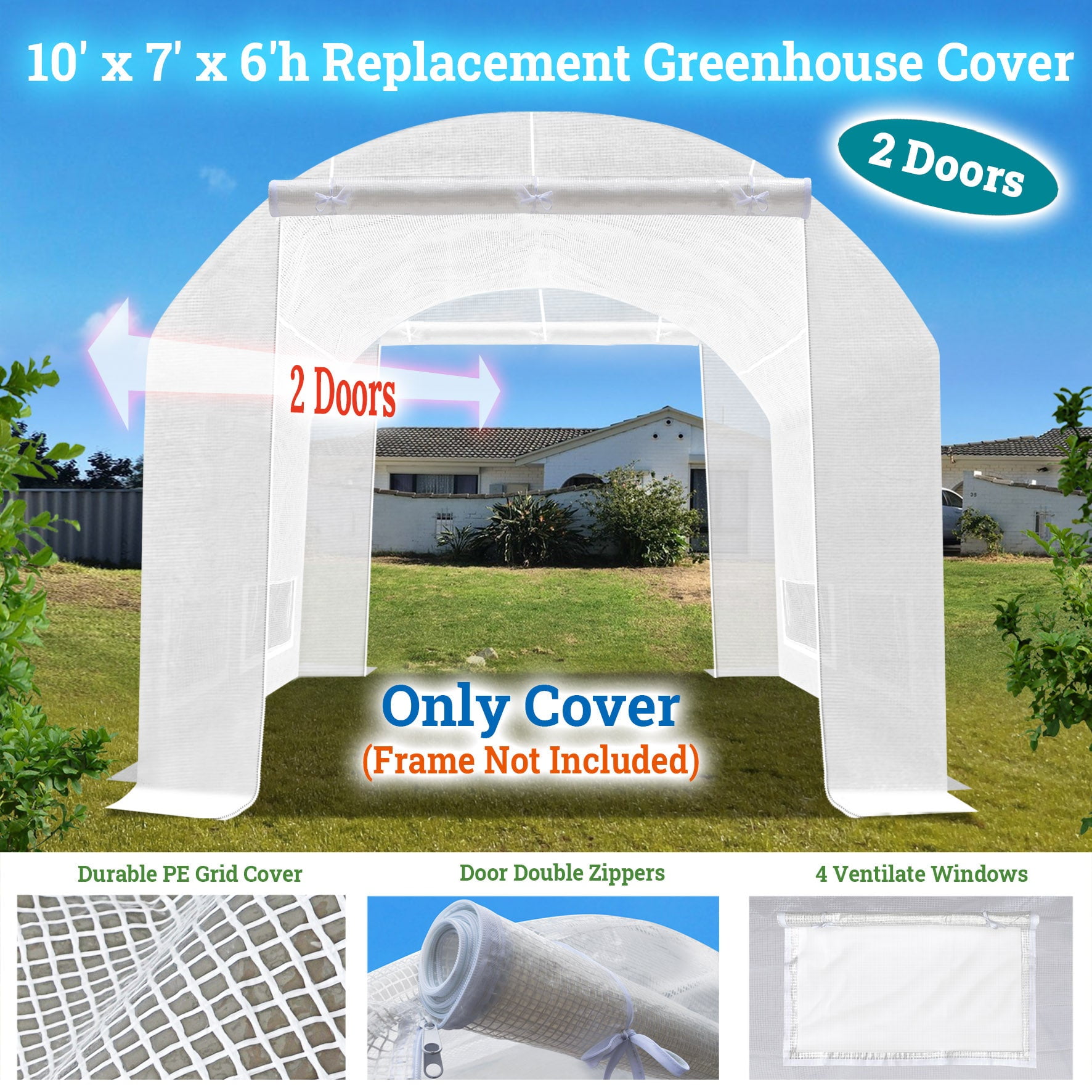 SUNNYOUTDOOR 2-Doors Replacement Greenhouse Cover for Larger Walk in Outdoor Yard Plant Gardening Hot House, Cover ONLY (White, 10'x7'x6')