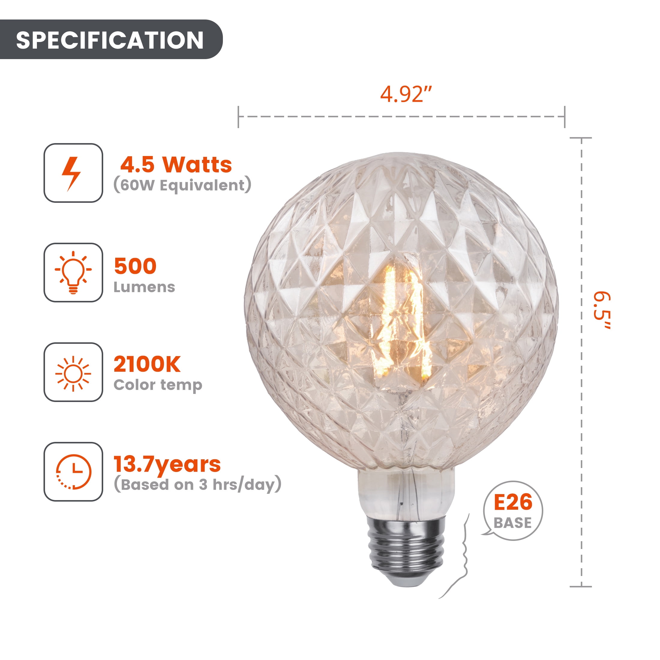 BH&G Vintage LED Bulb, 4.5-Watt (40W Equiv.) G40 Globe Bulb Dimmable E26 Medium Base, Soft White 1PK