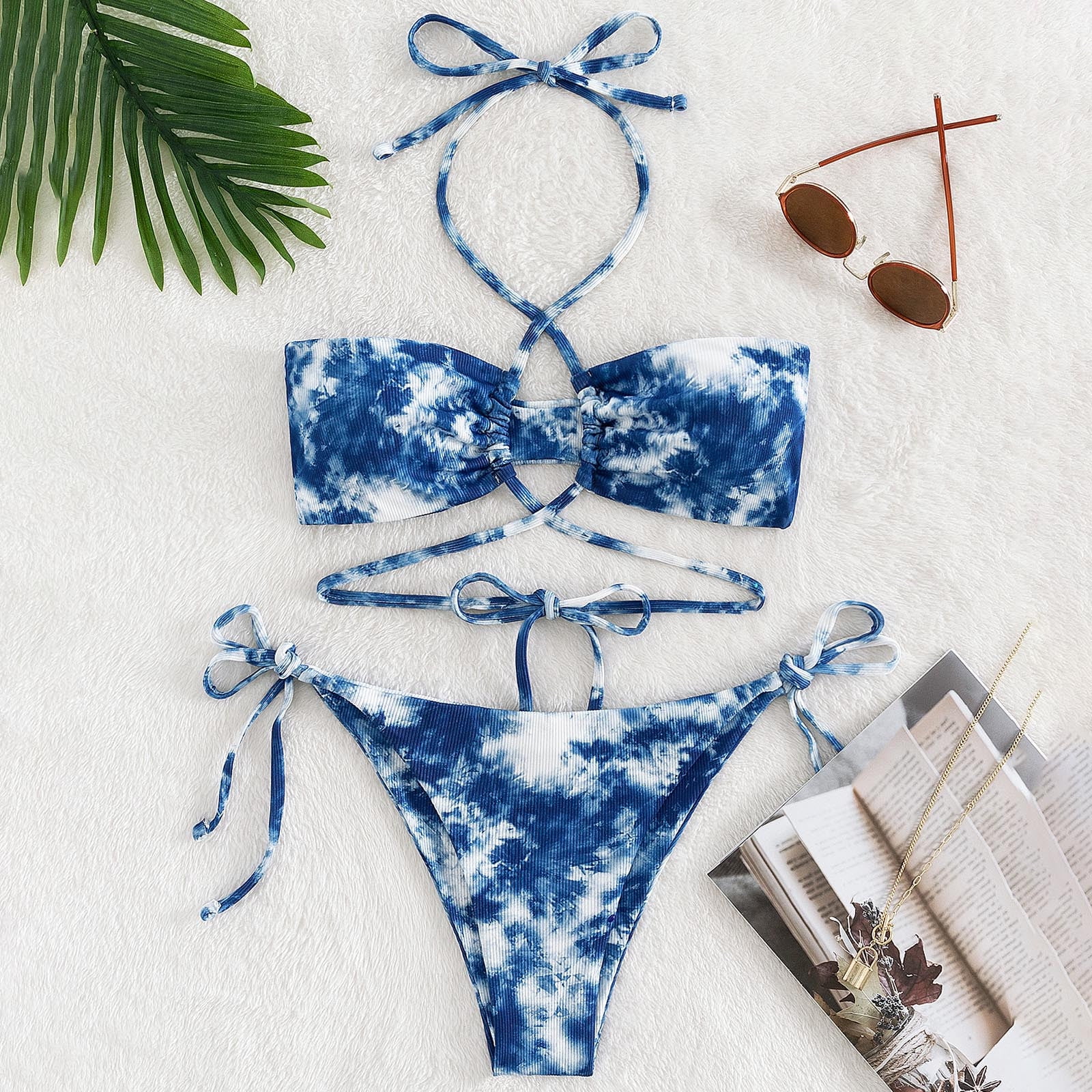 Maillot de Bain Bikini Taille Haute pour Femmes Mode Bretelles