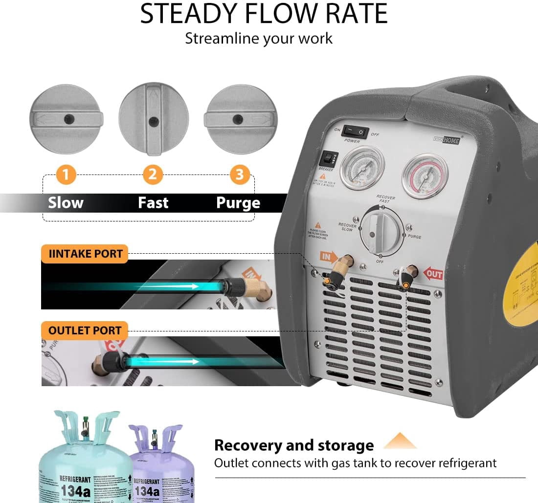 SPECSTAR 110-120V AC 60Hz 3/4HP Single Cylinder Portable Refrigerant Recovery Machine, Grey