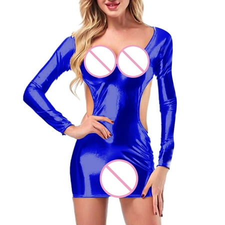 MQLKF Women Fashion Solid Sexy Lingerie Gold P Leather Long Seleeve Skirt Sexy Elegant Fashionable Women Sleep Dress