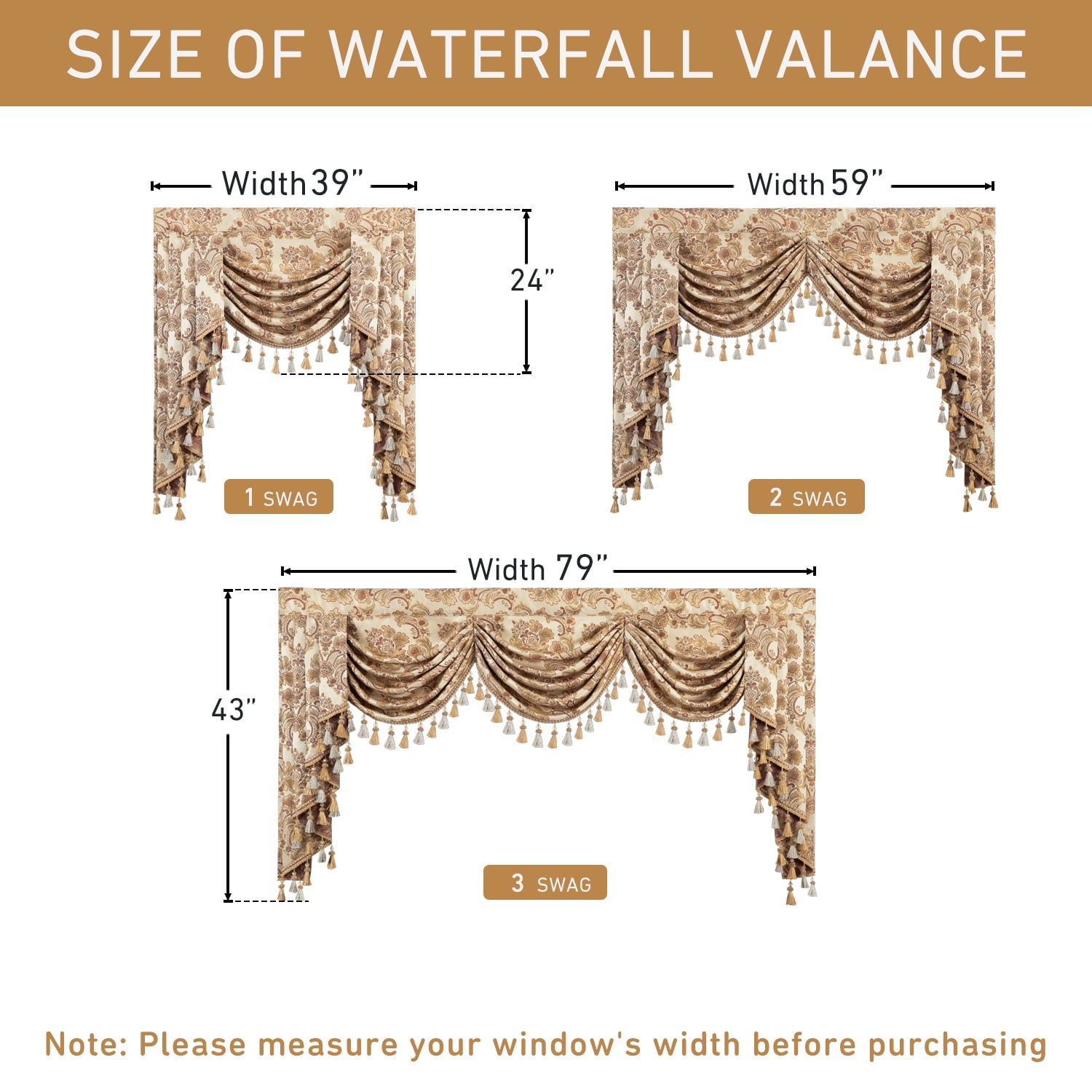 VOGOL Beige Damask Valance, Vintage Swag Curtains with Beaded Trim 39x43 Inches for Cottage