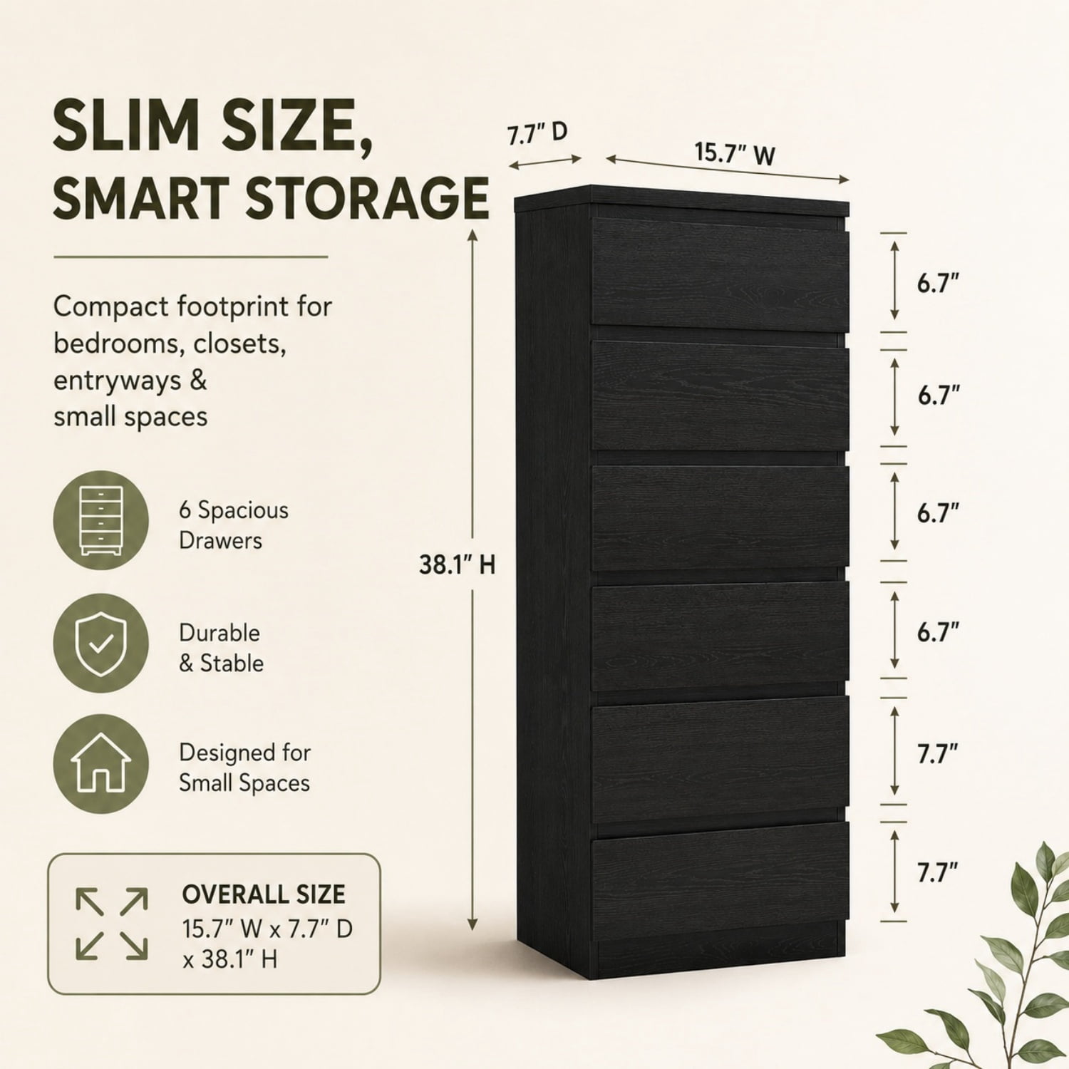 Miniyam 6 Drawer Dresser, Black Tall Dresser Chest of Drawers, Modern Handle-Free Storage Cabinet for Bedroom and Closet
