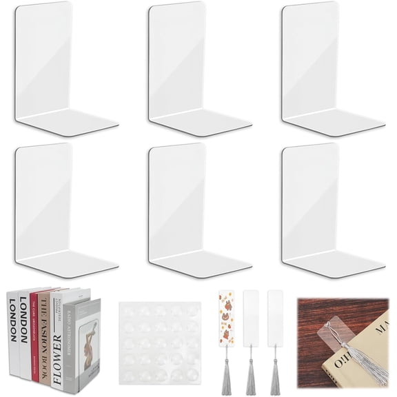 6Pcs Acrylic Bookends for Shelves, Clear Book Ends with 25 Non-Slip Silicone Pads & 3 Acrylic Bookmarks, Decorative Book Holder Stand for Heavy Duty Books Office Home Library Desktop