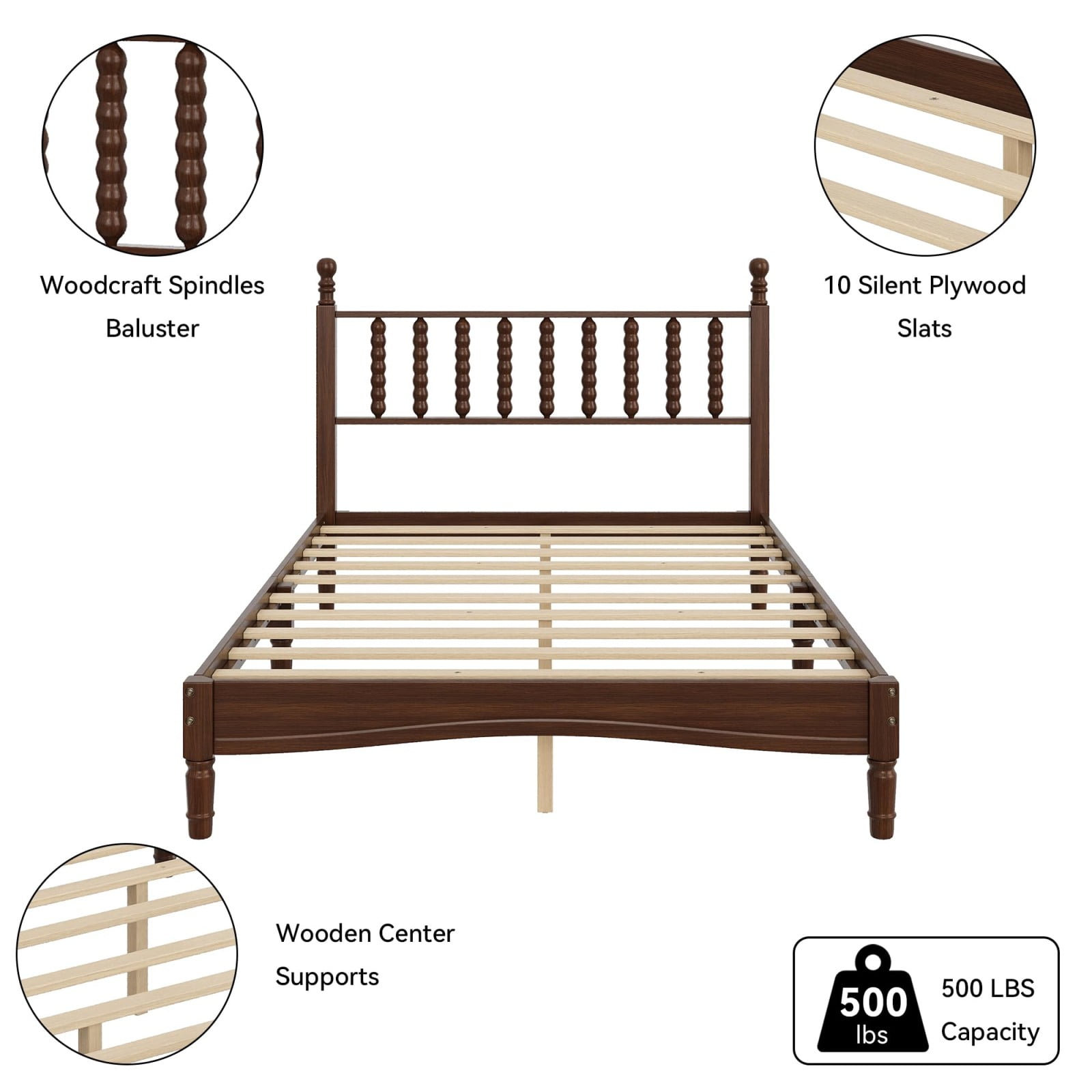 Full Size Bed Frames with Gourd Shaped Headboard, Vintage Natural Wood Platform Bed, Western Spindle Beds, Noise Free, Easy Assembly, Walnut