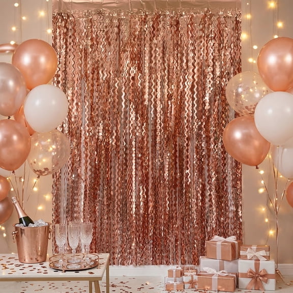 3 Pack Rose Gold Wavy Foil Fringe Curtains - 3.2 x 6.6 ft Metallic Tinsel Backdrop Streamers for Birthday, Wedding, Bachelorette Party Photo Booth Decorations