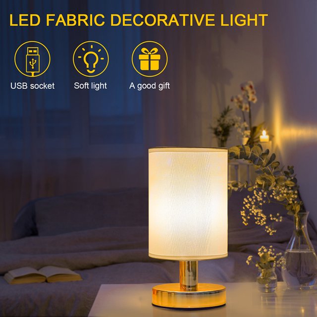 Lámpara de noche USB con pantalla de tela de lino, lámpara de escritorio (blanco puro-dorado)