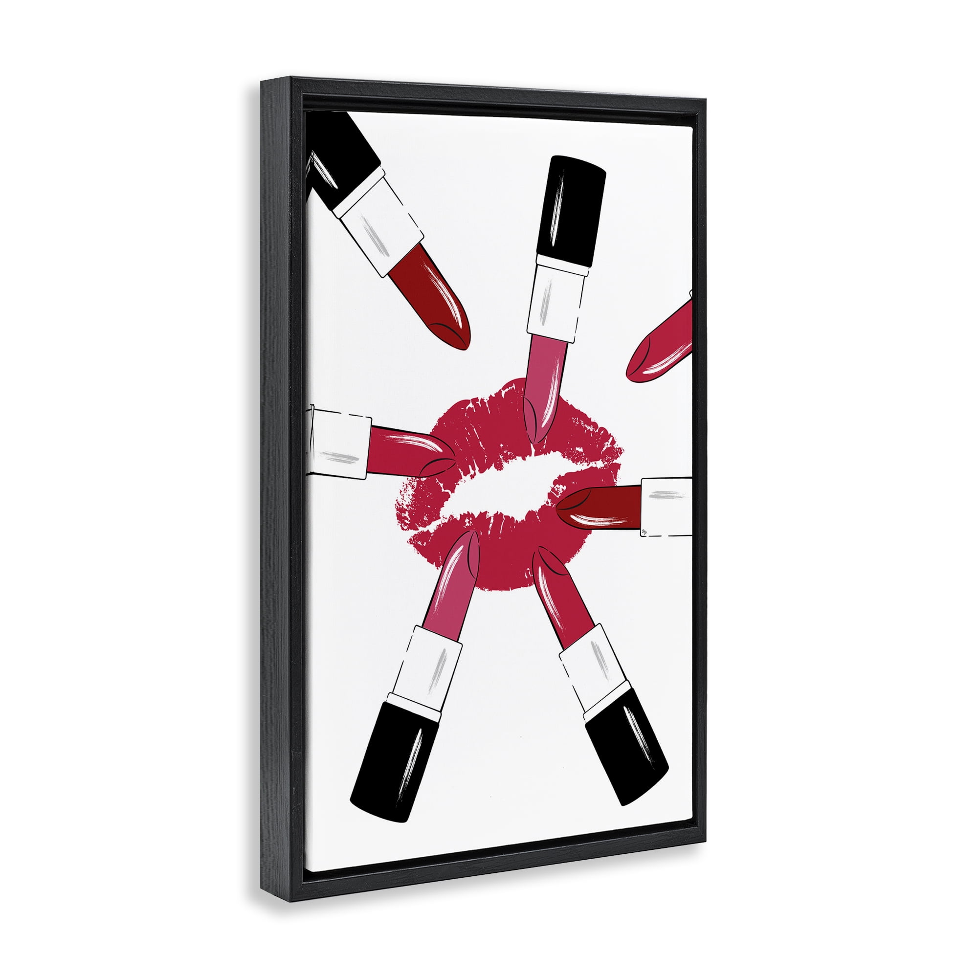 Stupell Industries Lipsticks & Kiss Beauty & Fashion Painting Black Floater Framed Art Print Wall Art, 21 x 31