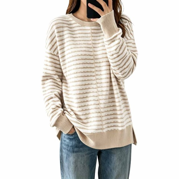 Sweaters for Women Stripe Side Slit Casual Loose Long Sleeve Tops Fall Winter Pullover Knit Blouse Daily Wear