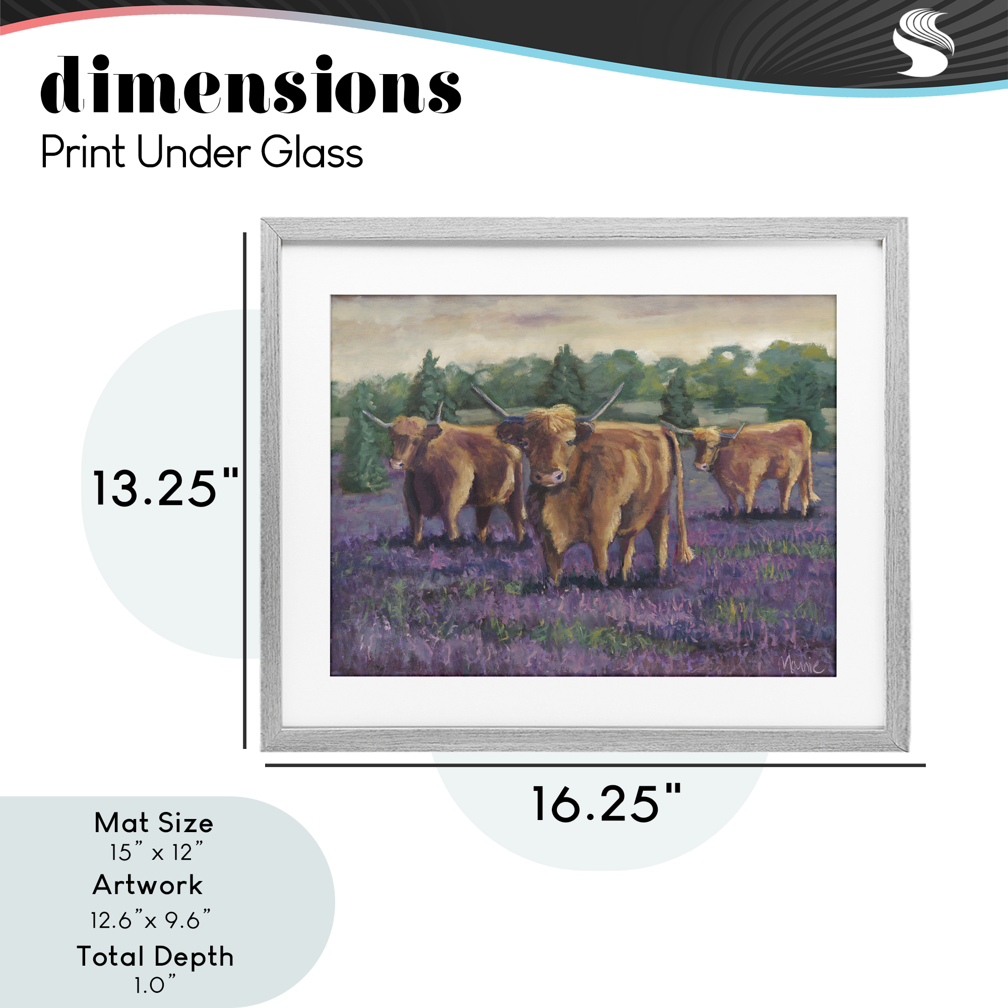 Purple Fields & Cows Gray Framed Print Under Glass, design by Marnie Bourque