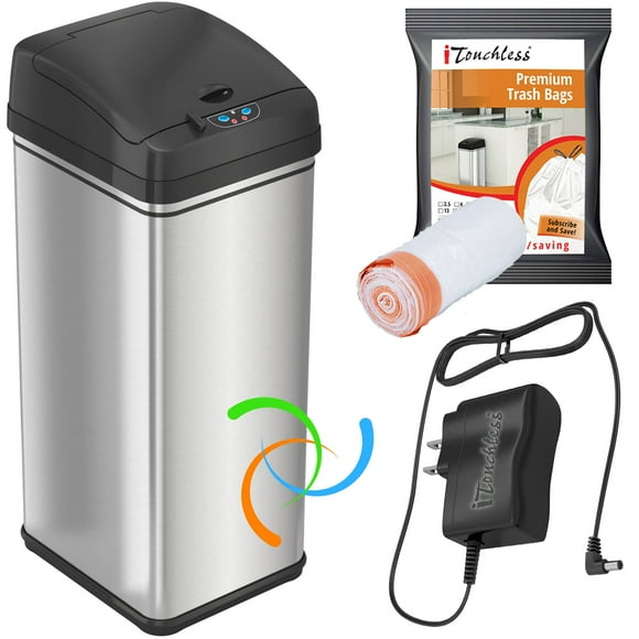 iTouchless Automatic Trash Can, 20 Premium Bags Included, Odor Control System, Big Lid Opening Sensor Touchless Kitchen Garbage Bin, 13 Gallon, Stainless Steel with AC Adapter