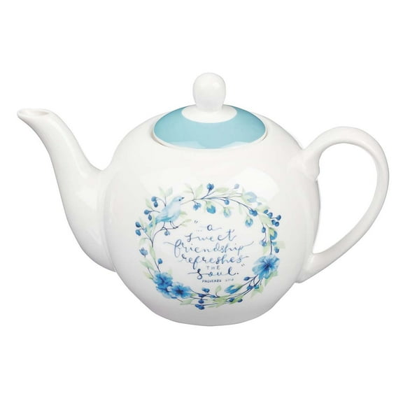 Ceramic Teapot Sweet Friendship Proverbs 27:9 Blue Flower Tea For One Teapot For Women, Sisters and Friends