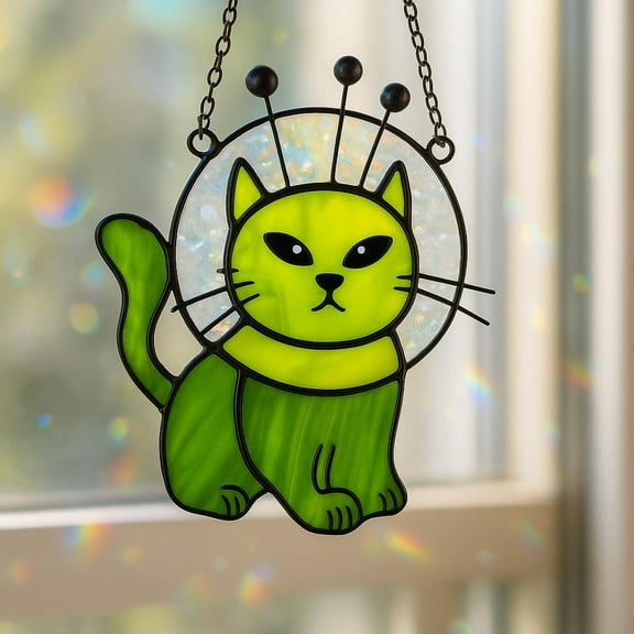 Alien Cat Acrylic Suncatcher, Funny Space Window Hanging, Cat Alien Faux Stained Glass Ornament, Cosmic UFO Sun Catcher Decor