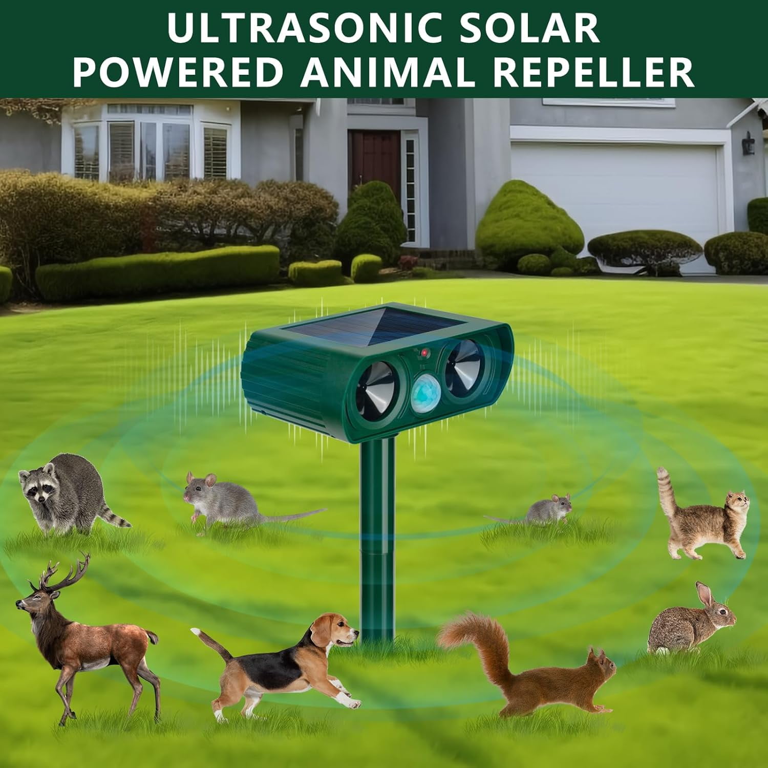 2Pack 2025 Solar Ultrasonic in Repellent Defender Rat, Squirrel, Deer, Raccoon, Skunk, Rabbit, Mole, Dog, Cat, Waterproof with Motion Detector for Yard Lawn (2, Green)