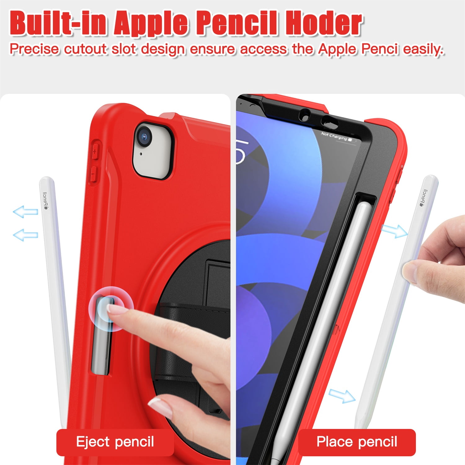 SaniMore for Apple iPad Air 11 2024 Case, 3 Layers Multi-Functional Case with Pencil Holder & Hand Strap Multi-Angle Kickstand Shockproof Protective Case for Women Men, Red