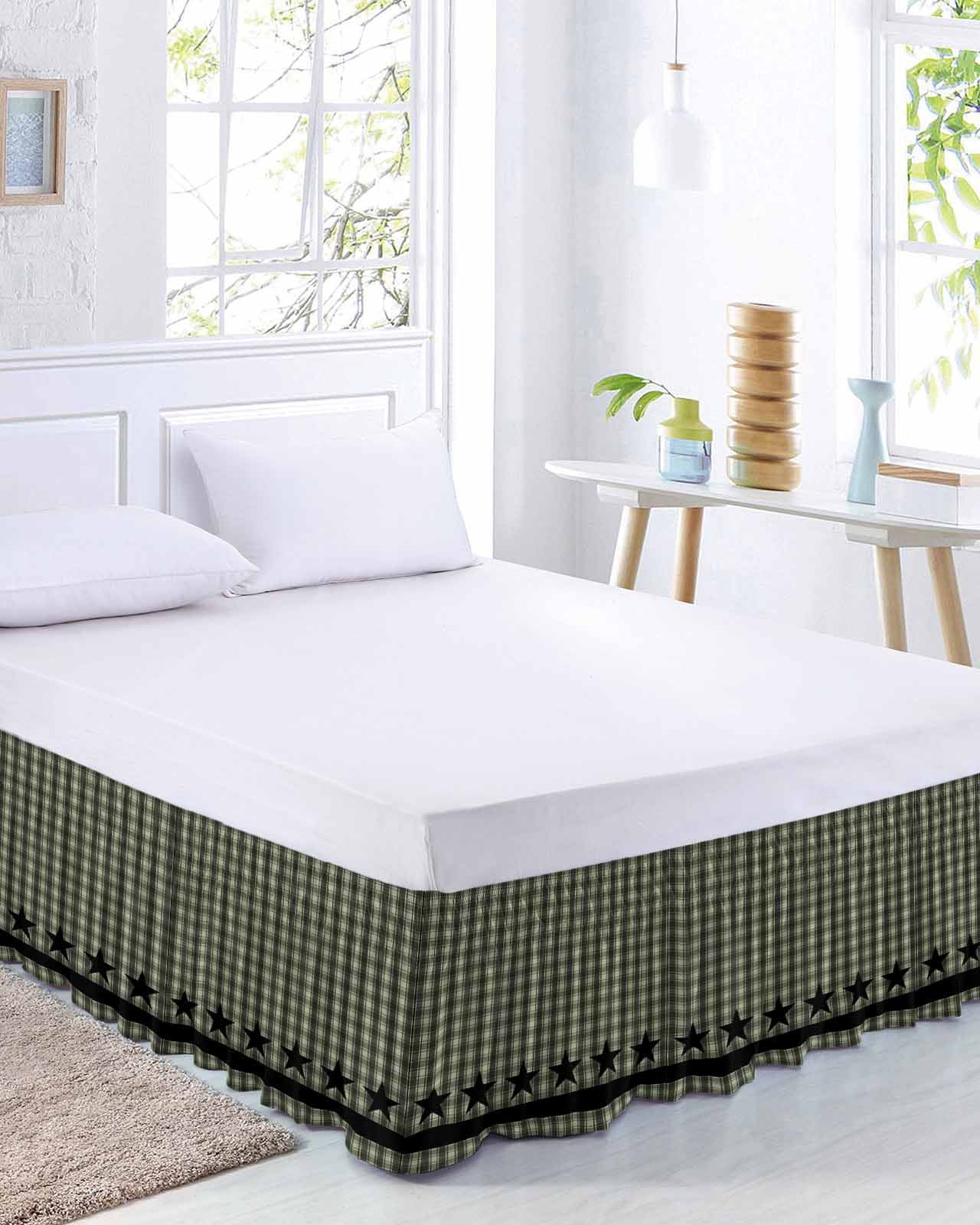 Sage Green Black Plaid Bed Skirt King Size, Vintage Star Buffalo Check Rustic Wrap Around Bed Skirting with Adjustable Elastic Strap, Dust Ruffled Pleated Bedskirts 18 Inch Drop for Bedroom King Beds