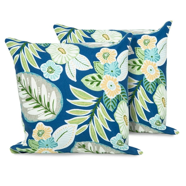 Blue Tropical Floral Outdoor Throw Pillows Set of 2