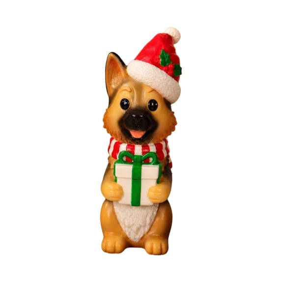 Lighted German Shepherd Blow Mold Christmas Decoration, 7.87 Inch Dog Figurine with Santa Hat Scarf and Gift Box, Vintage Christmas Dog Decor for Mantel Shelf Tabletop Covered Porch