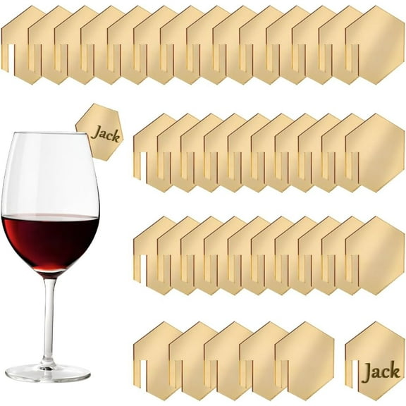 40 Pcs Acrylic Drink Tags Shape Drink Tags Gold Mirror Acrylic Drink Tags Wine Glass Name Tags Blank DIY Acrylic Drinking Tags for Christmas Wedding Party Decoration Gold