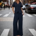 thumbnail image 2 of IWRICH Women's Linen 2 Piece Outfits Summer Short Sleeve V Neck Shirts Dressy Casual Sets Wide Leg Pant Suits Navy L, 2 of 9