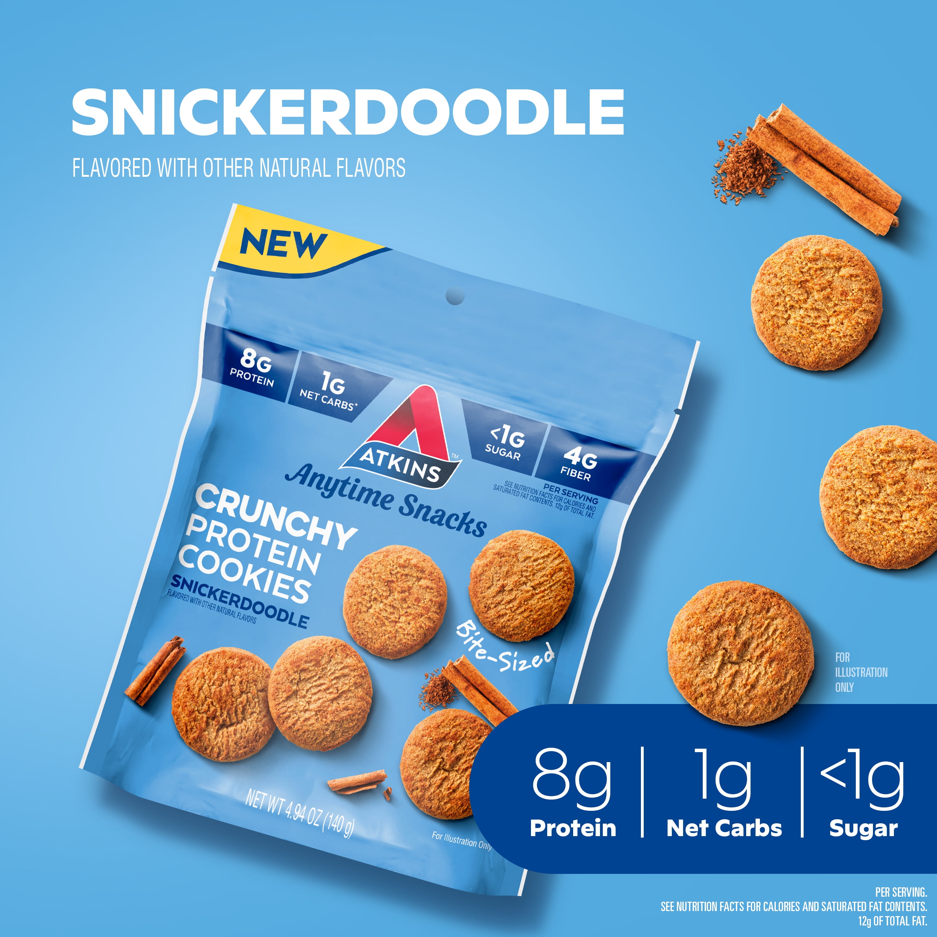 (2 pack) Atkins Crunchy Protein Cookies, Bite-Sized, Snickerdoodle, 4.94 oz Resealable Bag