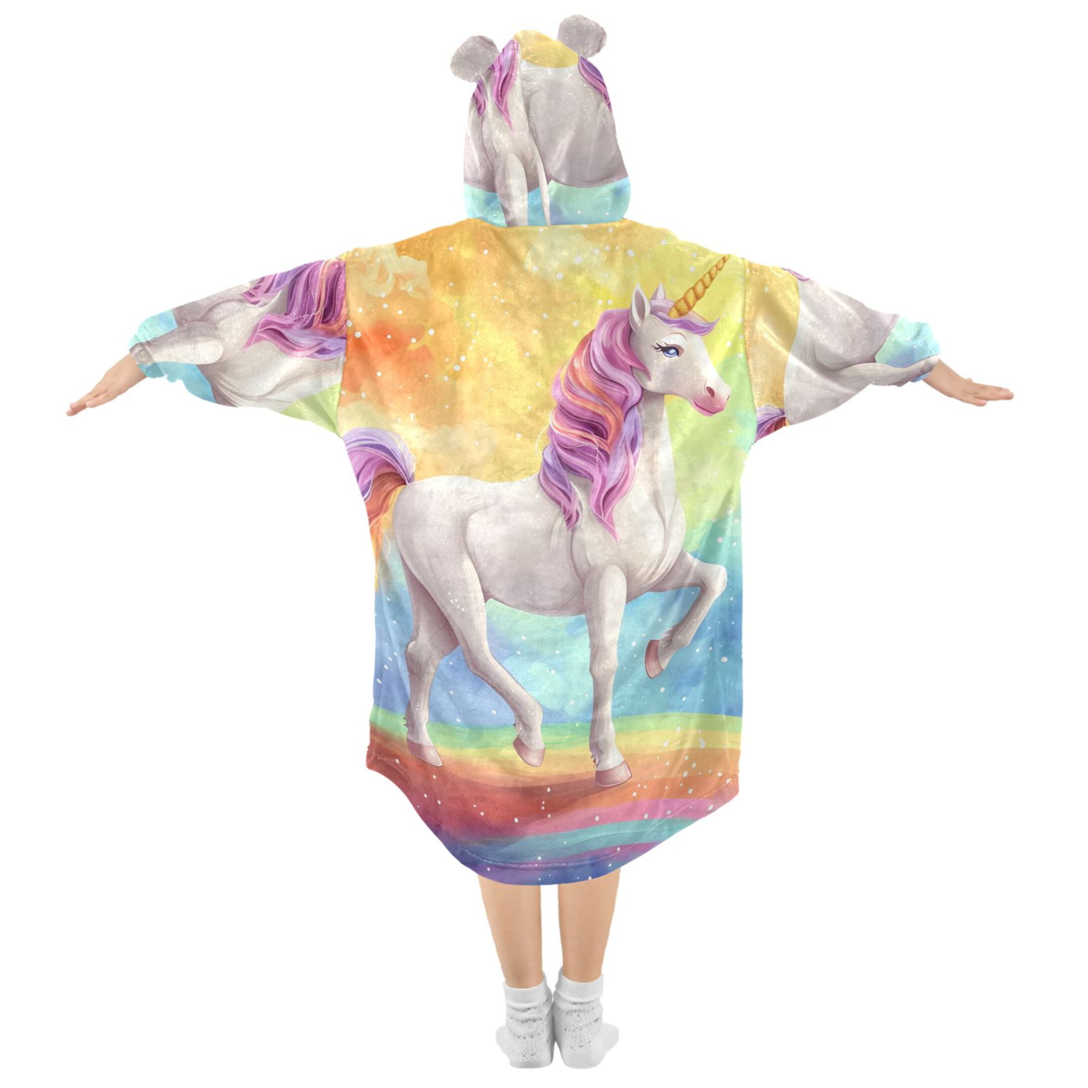 joogoo Wearable Blanket Hoodie for Kids Unicorn Standing on Rainbow Flannel Oversized Sweatshirt 3-14 Years L