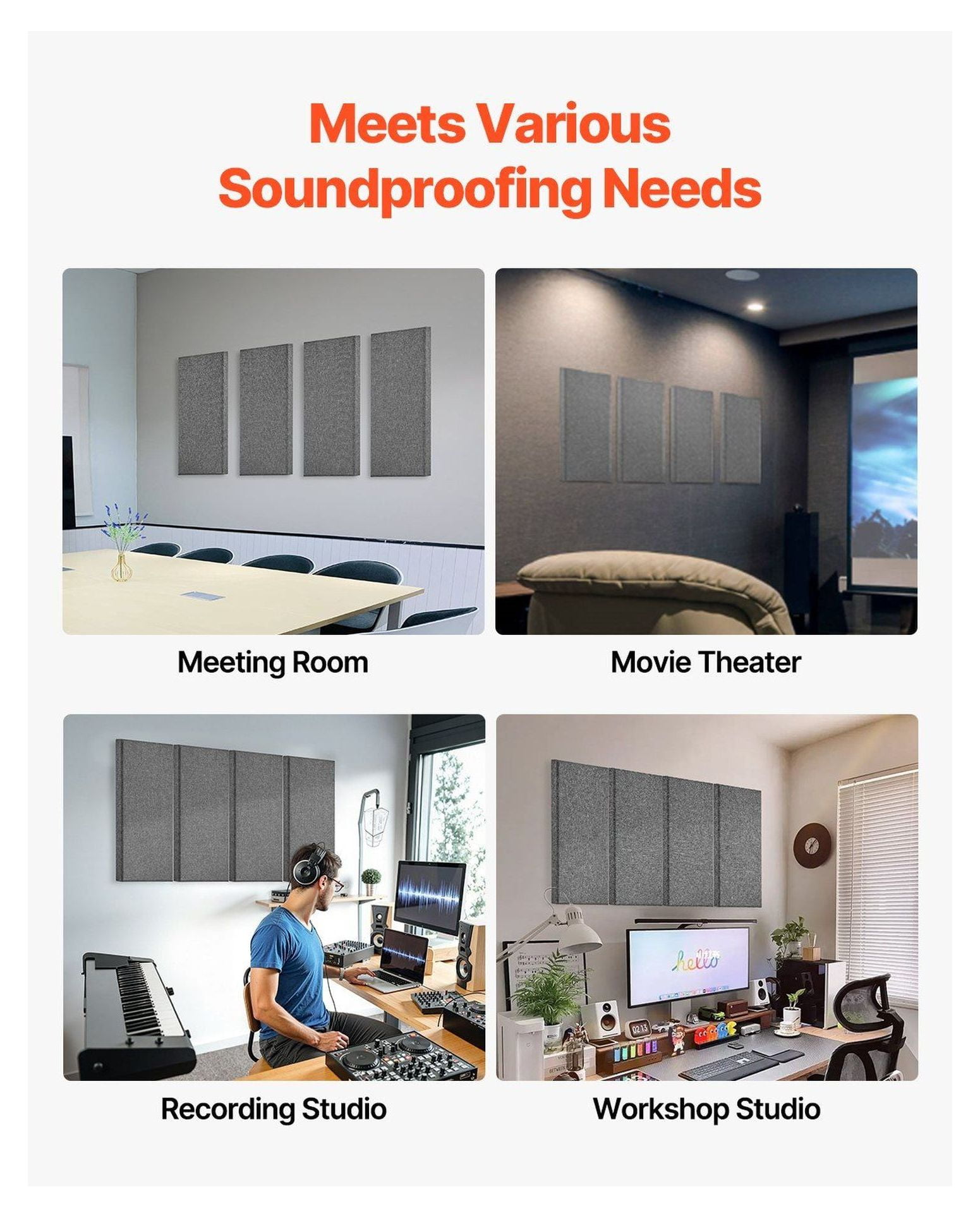Acoustic Wall Panels 4-Pack, 2" Thick, 23.6x11.8in Gray Soundproofing