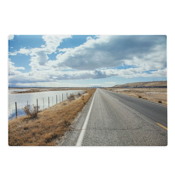 Lake Theme Cutting Board, Adventure Themed Pattern of a Road near the Lake City Utah Deserted Landscape, Decorative Tempered Glass Cutting and Serving Board, in 3 Sizes, by Ambesonne