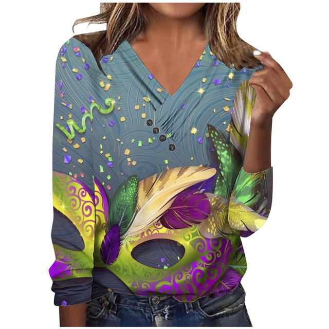 Japceit Hauts à Manches Longues pour Femmes, Mode Décontractée, Imprimé, Col en V, Pull-Over, Boutons, Manches 3/4