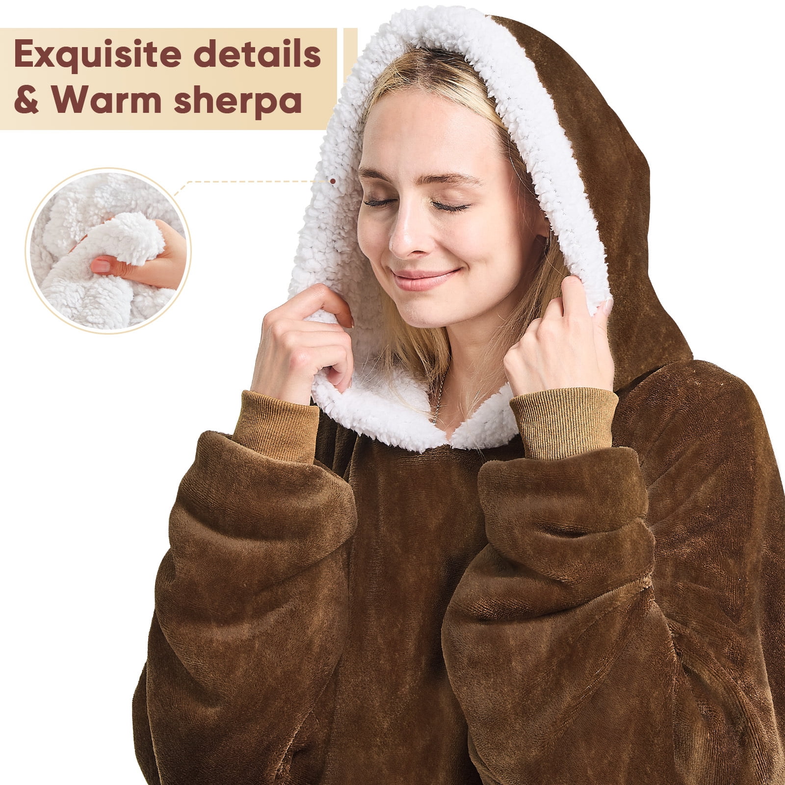 PMONPA Wearable Blanket Hoodie, Flannel Sherpa Fleece, Warm and Cozy Giant Sweatshirt for Adult, Woman and Man, One Size Fits All (Brown)