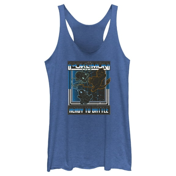 Women's Pokemon Ready to Battle Retro Grid Racerback Tank Top Royal Blue Heather Small