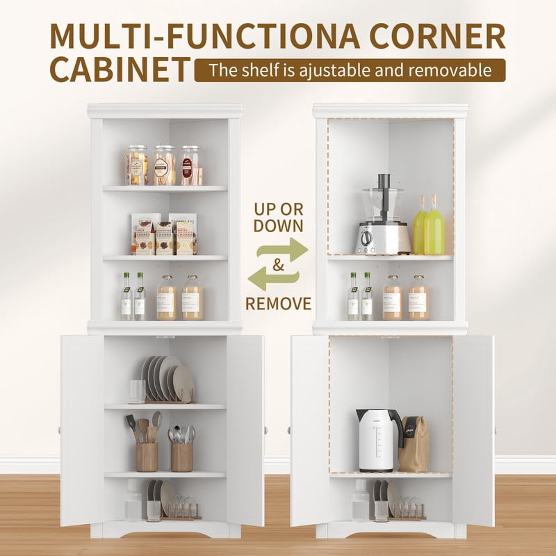 Lacoo 62'' Tall Corner Cabinet with 3 Shelves and 2 Doors, Corner Storage Cabinet Shelving Storage with Adjustable Shelves for Kitchen Living Room Bathroom, White