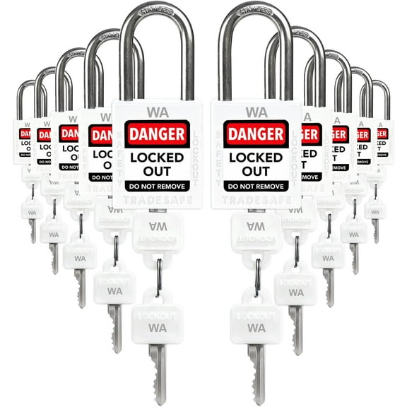 TRADESAFE Lockout Tagout Locks, White Keyed Alike Unlimited Grouping LOTO Locks, 10 pcs, 2 Keys Each