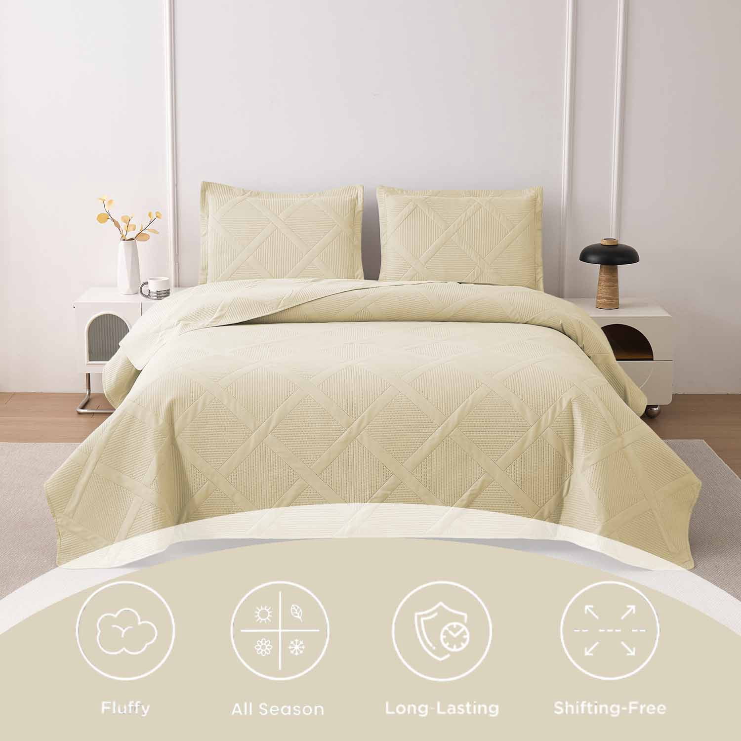 Beartech Solid Color Quilt Set Queen/Full Size Beige Bedspread Coverlet Microfiber Bedding Lightweight Reversible Set,Soft Bedding for All Seasons