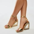 thumbnail image 4 of XYD Women Square Open Toe Ankle Strap Sandals Special Triangle Jewelled High Heels Wedding Party Evening Shoes Size 7 Gold, 4 of 5