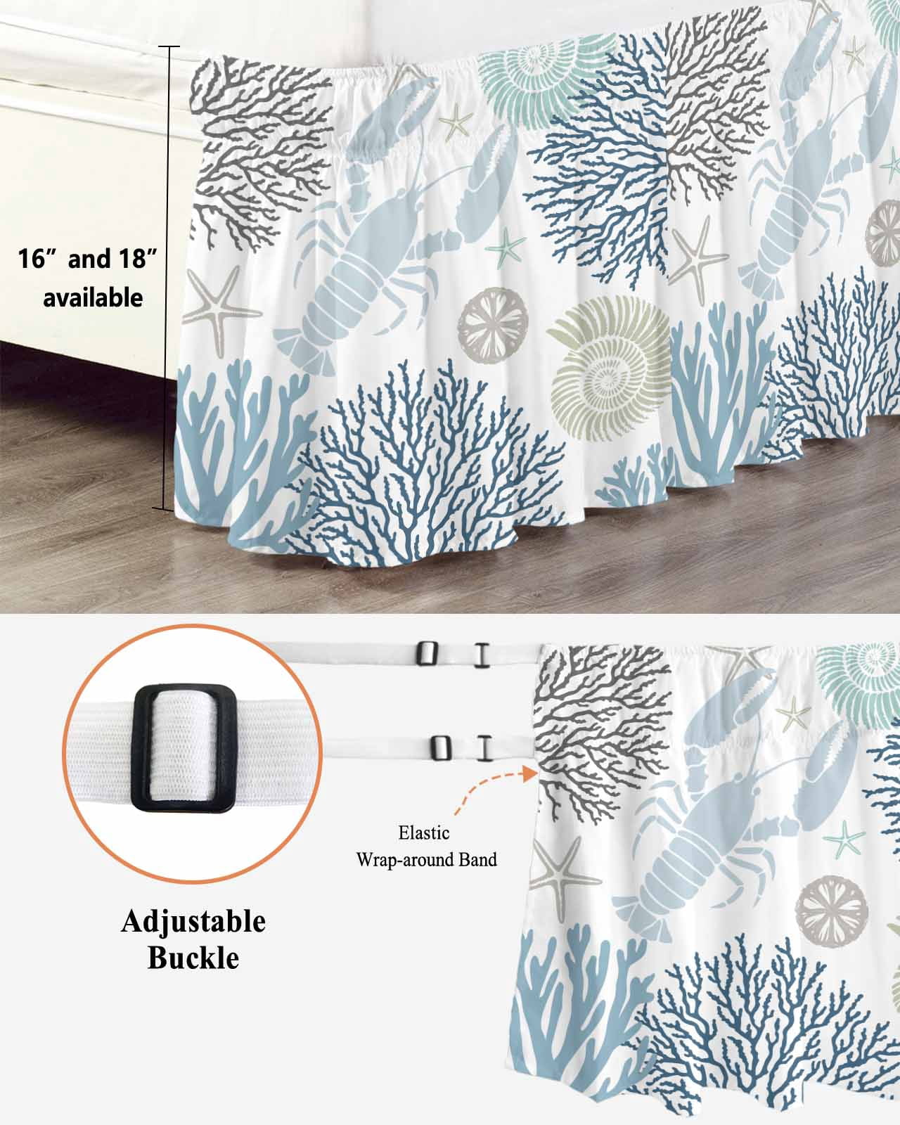 Blue Beige Coastal Wrap Around Bed Skirts for King Bed 18" Drop, Bed Skirt with Adjustable Elastic Belt Dust Ruffle Bed Valance for Bedroom Hotel Luxury Summer Lobster Coral Nautical Bed Frame Cover