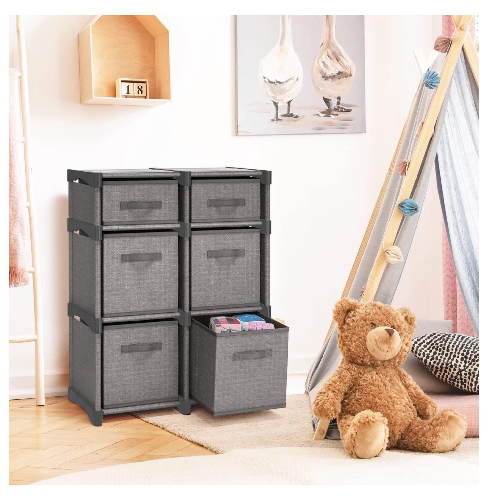 6 Cube Storage Organizer - Gray Cube Organizer Shelf, DIY Storage Cubes Organizer Shelves with Fabric Storage Cubes, Sturdy Cubbies Storage Shelves, Cube Storage Shelf for Bedroom, Playroom and More