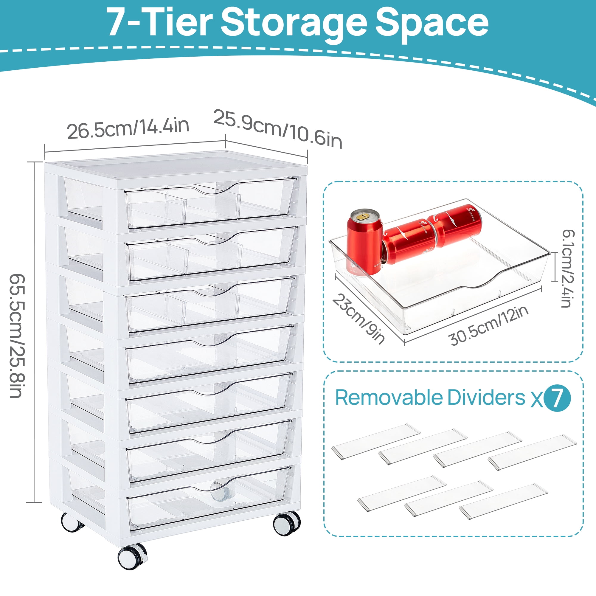 Sindcom Storage Rolling Drawer Cart, Clear Plastic Organizer with 7 Drawers and 7 Removable Dividers for Art &Office Supplies, Beauty Products, Toy, Under Desk Storage for Craft Room, Classroom