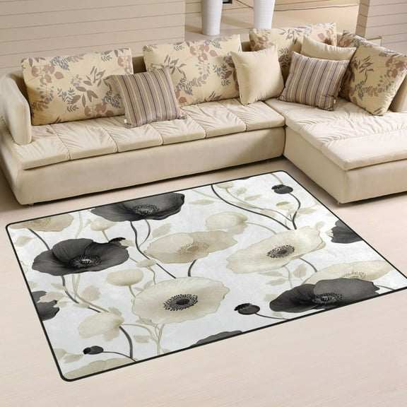 Non-Slip Area Rug 31"x20" Indoor Washable Floor Mats Carpet Printed for Living Room, Bedroom, Home Decor Black and White Flowers